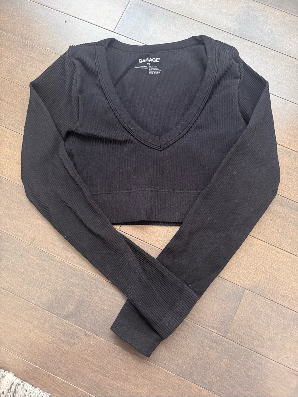 Garage Black Ribbed V-Neck Long Sleeve Crop Top